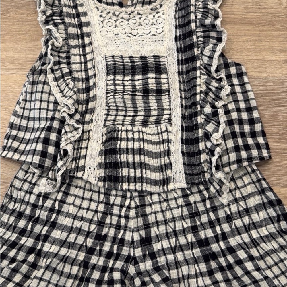Free People Black and White Plaid Lace-Trim matching set